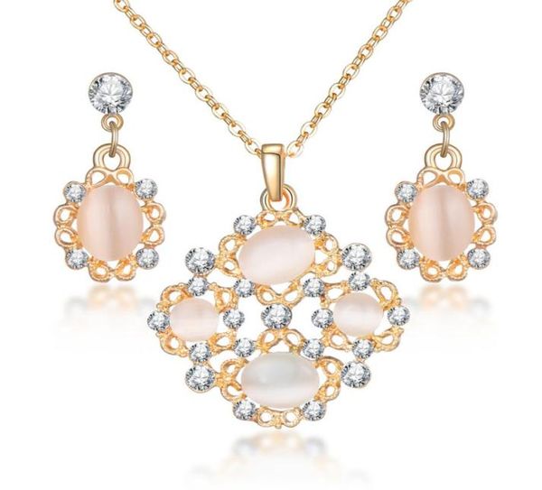 

fashion opal jewelry sets for woman cubic zirconia drop golden plated necklace pendant earrings statement bridal wedding gift1558063, Silver