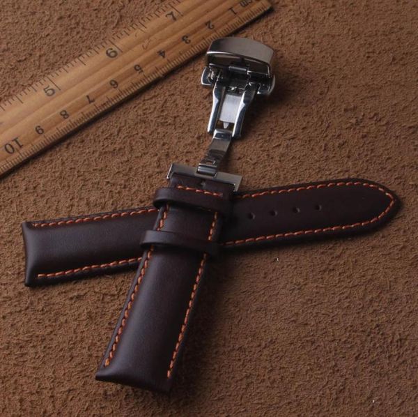 

watchband strap genuine leather smooth brown with orange line stainless steel buckle deployment clasp 18mm 20mm 22mm fast delivery9868314, Black;brown