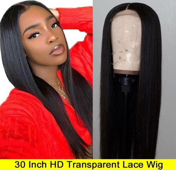 

30 inch wig malaysian straight lace front wig pre plucked hd lace lemoda 13x4 remy human hair hd transparent lace wig6266686, Black;brown