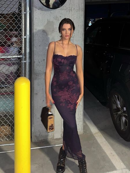 

basic casual dresses suninheart elegant spaghetti strap floral print maxi dress lace up bodycon prom party backles formal 230715, Black;gray