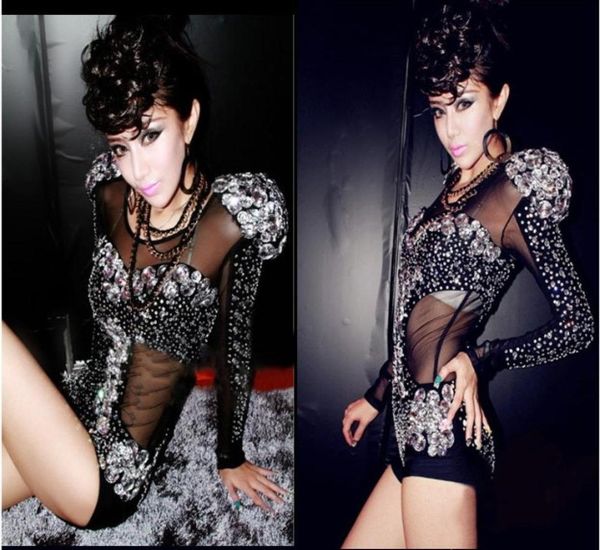

rhine decor stage wear long sleeve coveralls playsuit jazz dance clothing costumes gauze see-through dj songbird rompers jumpsuit4424810, Black;red