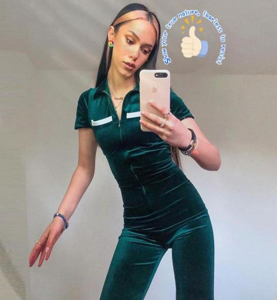 

women039s jumpsuits rompers turndown collar outfits green zipper velvet for women short sleeve wide legs jumpsuit 2022 7535068, Black;white