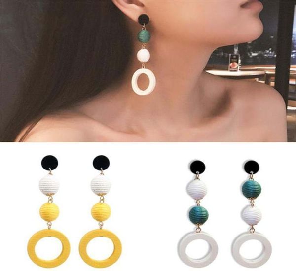 

network red earrings dangle chandelier girl retro temperament linen hemp hit color ball wood circle wooden earrings whole6641151, Silver