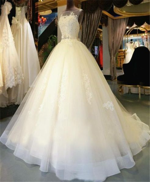 

aline neckline sleeveless gown wedding dresses with backless lace applique belt custom vestido de novia3846170, White