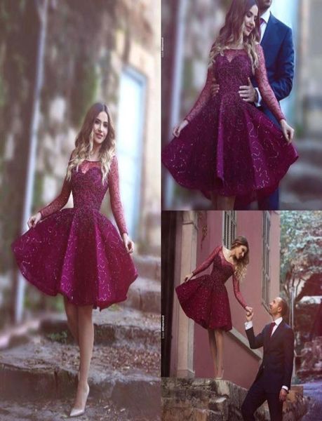 

arabic short burgundy cocktail dresses said mhamad sparkly beaded sheer long sleeves homecoming party gowns knee length prom dress2145921, Black