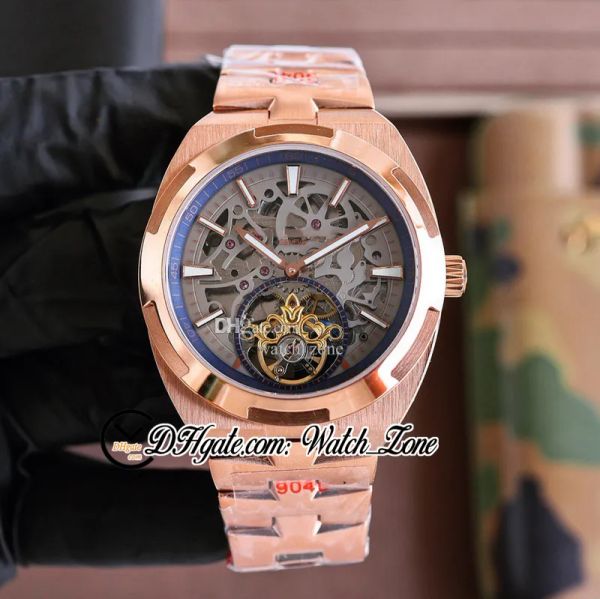 

new overseas tourbillon 6000v/110t-b935 skeleton dial automatic mens watch 6000v stick markers blue inner rose gold steel bracelet gents wat, Slivery;brown