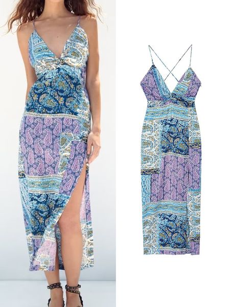 

basic casual dresses traf summer women print camisole dress 2023 beach holiday style deep v neck sleeveless bohemian side slit sheath long 2, Black;gray