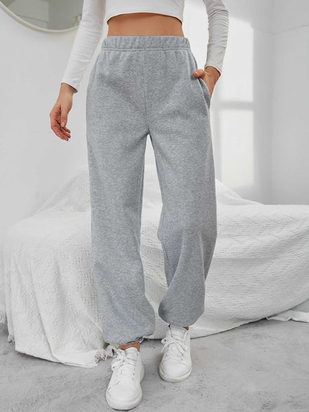 

women's solid elastic waist slant pocket sweatpants, White