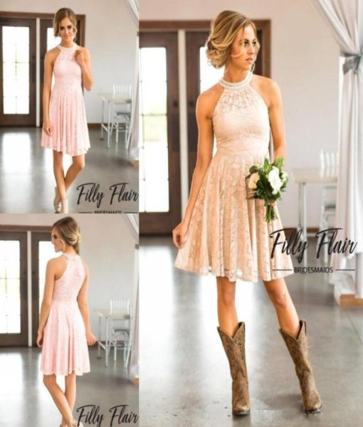 

short country style bridesmaid dresses high collar beaded full lace maid of honor gowns vintage knee length wedding guest dress8046605, White;pink