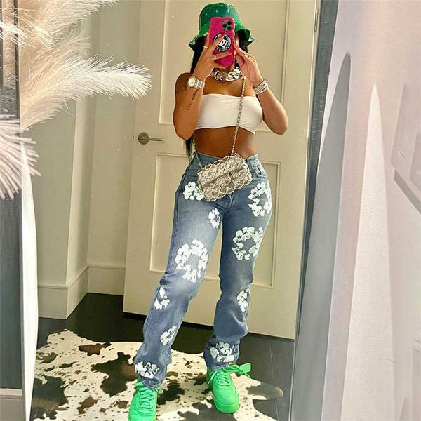 

women's jeans wind 2023 spring new street fashion versatile daisy print high waist straight fit, Blue