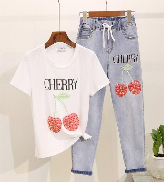 

shirts women 2021 summer fashion beading cherry print cotton short sleeve tees elastic waist nine points jeans two piece set wom9437145, White