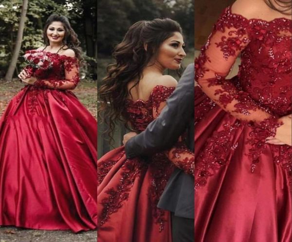 

burgundy dark red ball gown wedding dresses off shoulder long sleeves satin lace appliques flowers beaded plus size formal bridal 7283706, White