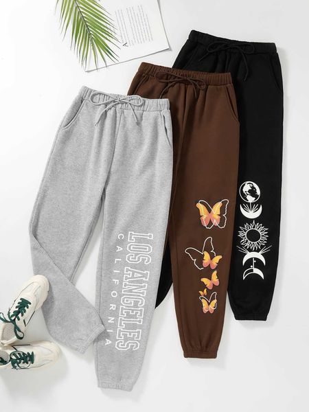 

women's 3pcs letter butterfly thermal lined sweatpants, White