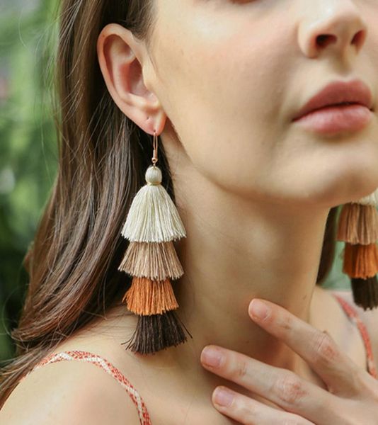 

bohemian fringe long gradient multilayer drop earrings women fashion jewelry dangle silk fabric ethnic tassel earrings gift4317319, Silver