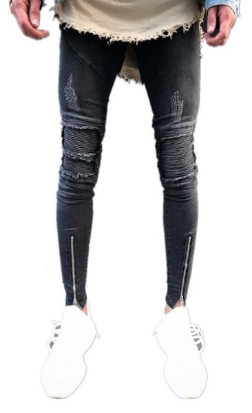 

mens ripped pleated leg zipper jean fashion high street biker denim pencil pants male hip hop fashion slim distressed long jeans1440282, Blue