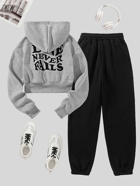 

women's slogan graphic zip up crop drawstring hoodie sweatpants, White