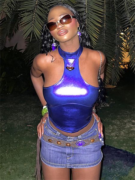 

women's tanks camis simenual blue grunge glitter tight off shoulder halter backless crop y2k slim chic vest 2023 clubwear cloths 230715, White