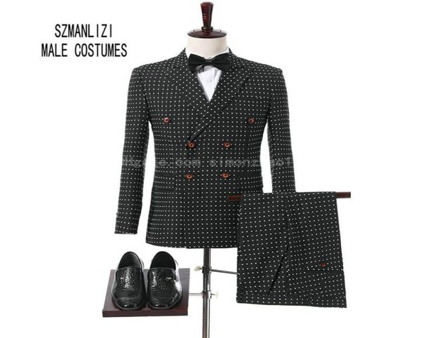 

new designs 2018 black white dots suit brand peaked lapel wedding groom suit double breasted tuxedo for men wedding party suits be4205070, Black;gray