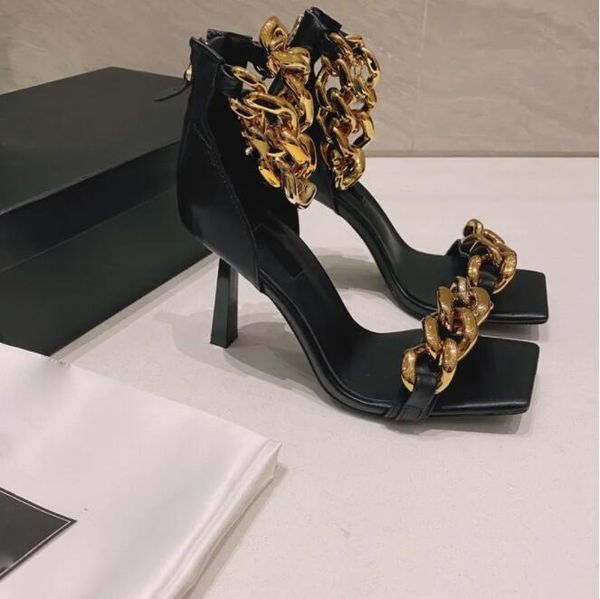 

america luxury genuine leather chain high heeled sandals gladiator women fine heel fashion party woman shoes slippers big size 35-42 box, Black