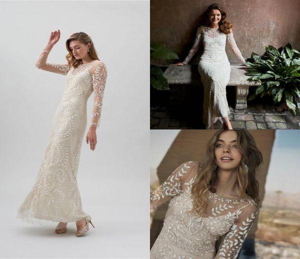 

2019 bhldn mermaid wedding dresses jewel neck ankle length lace appliqued bead long sleeves wedding dress custom elegant bridal go9760282, White