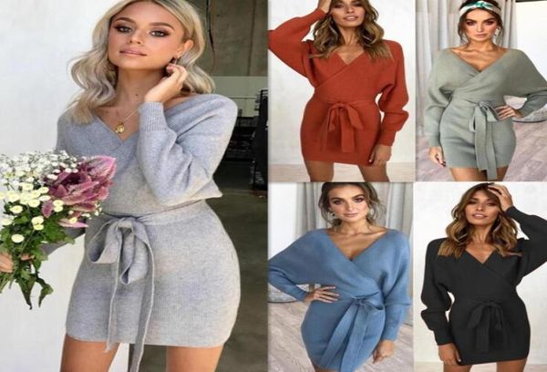 

long sleeve vneck knitted dress women casual sash autumn winter sweater skirt ladies elegant wrap pullover dresses4050078, Black;gray