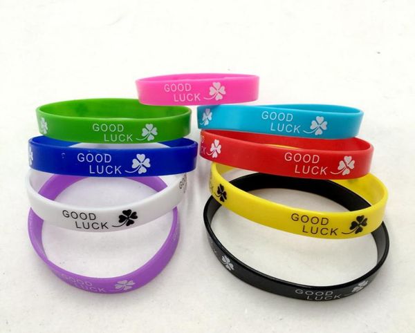 

jelly silicone bracelet 100pcs print good luck four leaf clover elastic wide rubber wristbands for men women039s jewelry cuff f6649520, Black