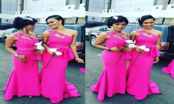 

fushia african one shoulder mermaid bridesmaid dresses long beaded peplum maid of honor wedding party dress cocktail gowns6229689, Blue;red