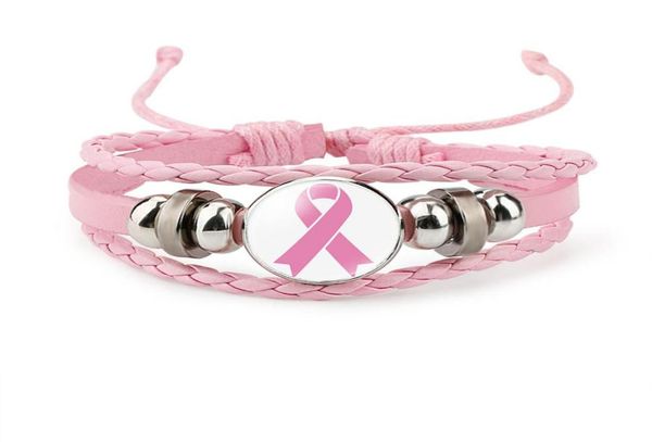 

new breast cancer awareness bracelet for women ribbon charm faith hope love braided leather rope wrap bangle fashion jewelry2110004, Golden;silver