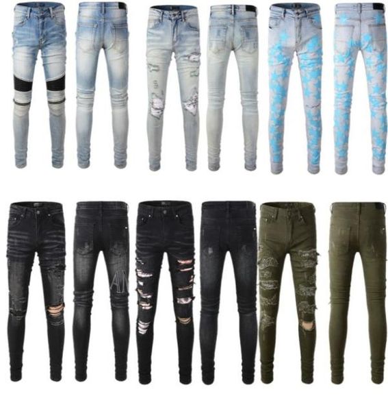

mens designer jeans distressed ripped biker slim fit motorcycle bikers denim for men fashion mans hip hop pants4467507, Blue