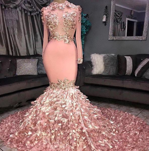 

2019 luxury pink mermaid prom dresses high neck sheer long sleeves 3d floral flowers appliqued evening party celebrity dress bc1044258010, Black