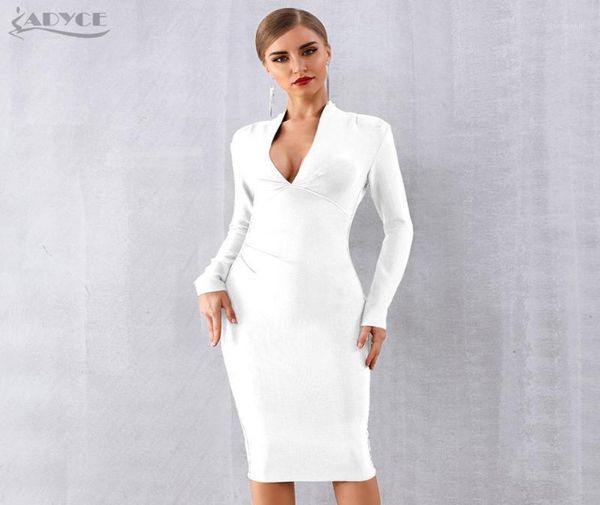 

adyce 2019 new winter women bandage dress vestidos deep v long sleeve bodycon club dress midi celebrity evening party12820723, Black;gray