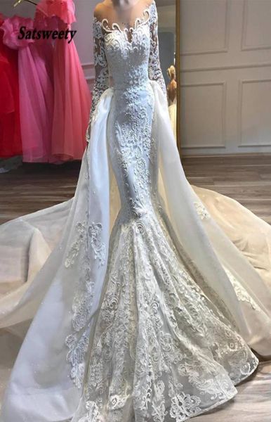 

luxury appliques bridal gowns mermaid wedding dresses scoop neck long sleeves beaded detachable train vestido de noiva6508409, White