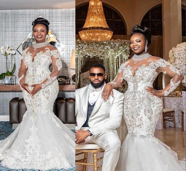 

2022 bling african mermaid wedding dresses high neck sheer long sleeves lace crystal beading bridal wedding gowns elegant rob6402029, White