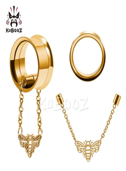 

kubooz stainless steel golden bee chain spider ear tunnels gauges body piercing jewelry earring expanders stretchers whole 6mm6508731, Silver