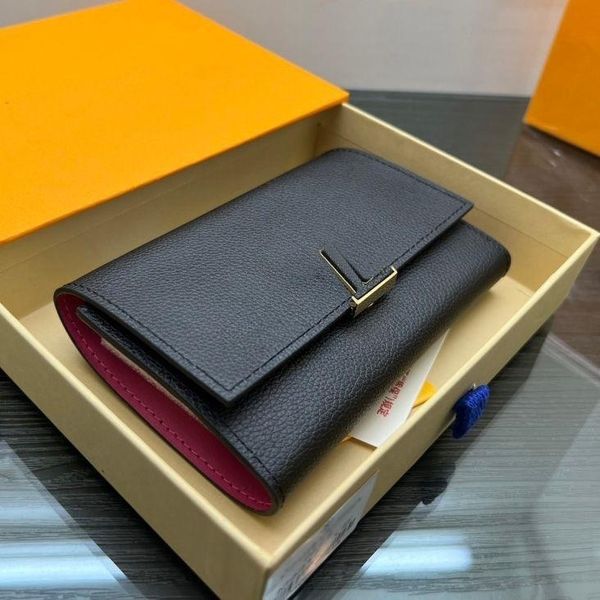 

capucines women luxurys designers short wallets taurillon handbag bag metal inlaid leather badge ladies travel wallet coin purse 13.5cm with, Red;black