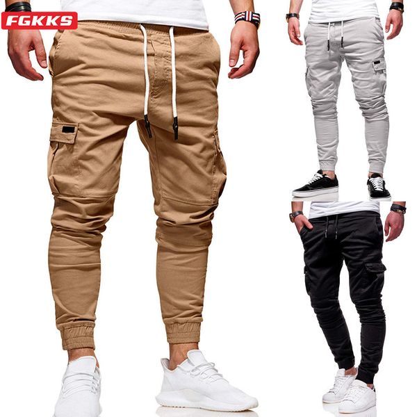 

men's pants fgkks spring streetwear casual male black slim joggers side pockets brand cargo men trousers 230715