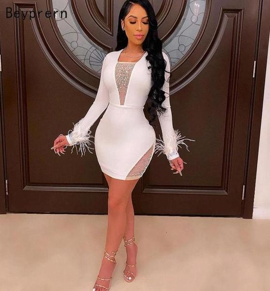 

beyprern beautiful white rhines tulle feathers accent dress glam long sleeve crystal studded party birthday outfits casual 3665266, Black;gray