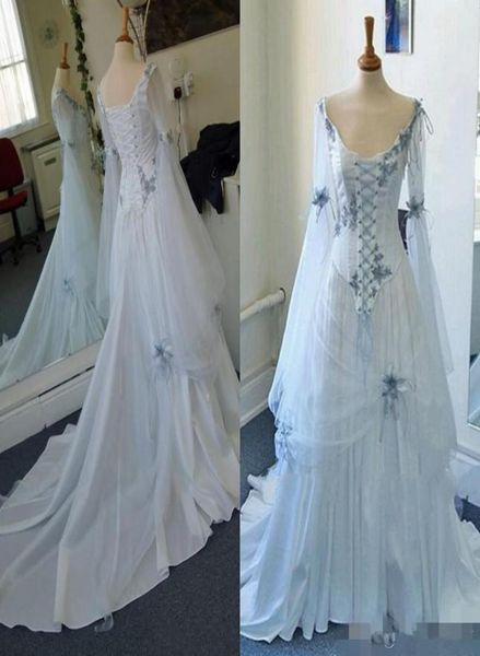 

vintage celtic wedding dresses white and pale blue colorful medieval bridal gowns scoop neckline corset long bell sleeves applique5396864