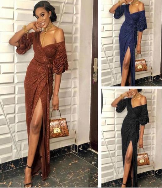 

sparkly sequins mermaid evening dresses off the shoulder short sleeves ruched pleats floor length side slit plus size prom party g6619219, Black;red