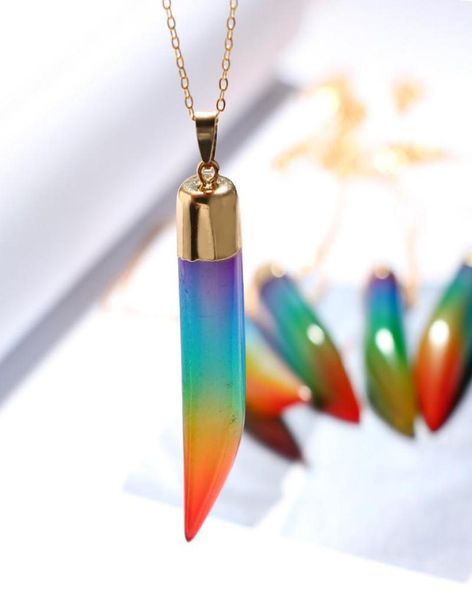 

rainbow natural stone pendant necklace fashion crystal chakra rock necklace gold color chain quartz long for women f6276584893, Silver