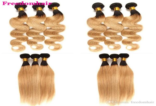 

t1b27 ombre brazilian body wave straight hair 34 bundles deals blonde ombre peruvian human hair extensions remy human hair weave4763080, Black