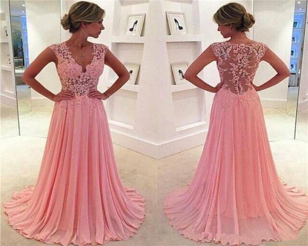 

vintage sweety blush pink a line chiffon evening prom dresses lace appliques plunging v neck sheer cap sleeves girls party fo2156520, Black;red
