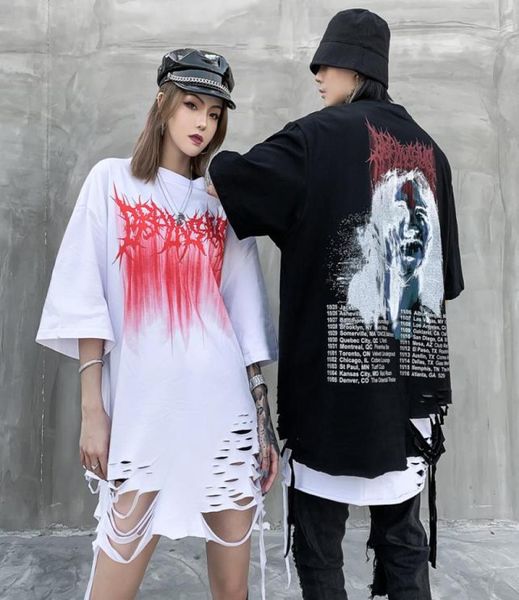 

songsanding men039s tshirt hem hole high street tide brand hiphop loose knife cut damage head print fivepoint sleeve7855657, White;black