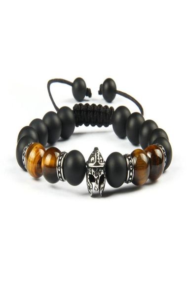 

new not fade bracelet whole 10pcslot stainless steel helmet braided bracelet with natural 10mm matte black agate stone beads6513826, Golden;silver