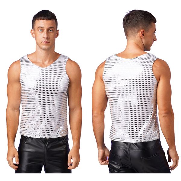 

men' tank 2023 mens tshirts shiny sequin sleeveless loose christmas performance clothing fashion nightclub party waistcoat 230715, White;black