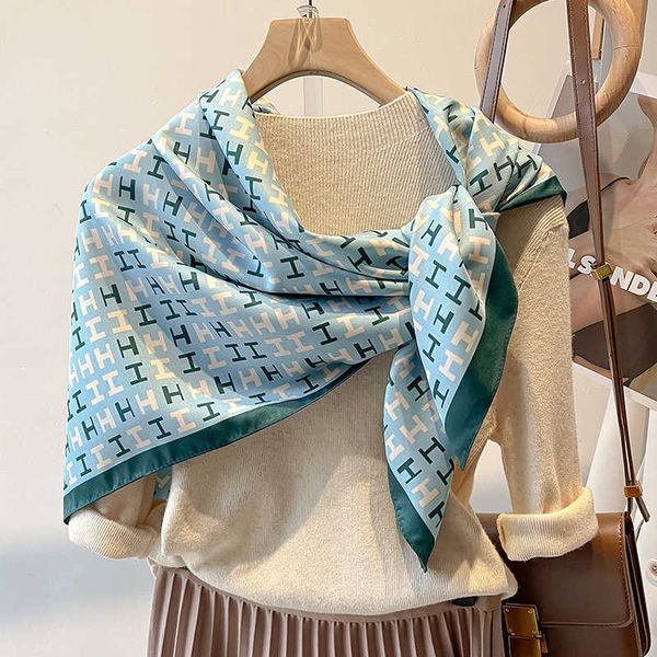 

2023 letter small h women's spring and autumn professional scarf square 90 large shawl summer sunscreen outwear, Blue;gray