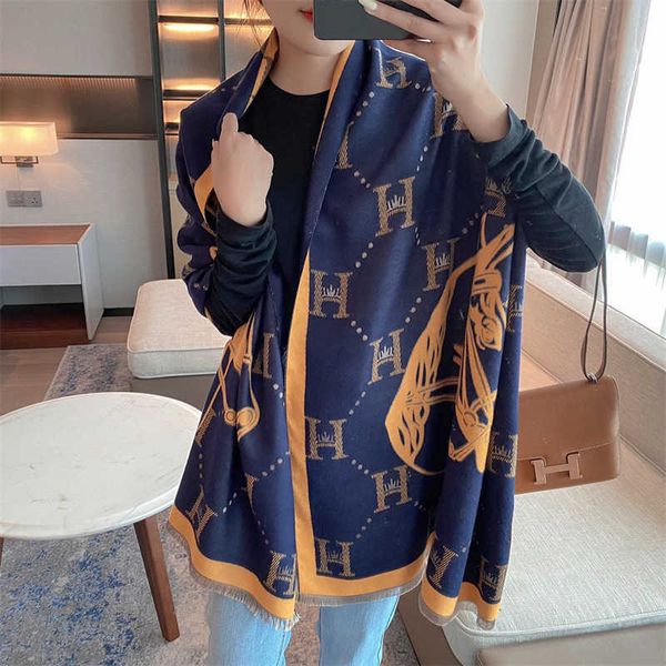 

new horsehead h-letter cashmere scarf for women in autumn and winter, Blue;gray