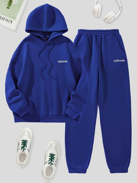 

women's letter graphic drawstring thermal lined hoodie sweatpants, White
