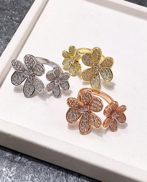 

fashion whole jewelry full of diamond clover six flower opening rose gold silver double flower ring for woman6556450