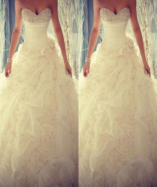 

2015 spring beaded crystals wedding dresses flouncing ruffles handmade flower organza wedding gowns sweetheart ball gown elegant b6966398, White